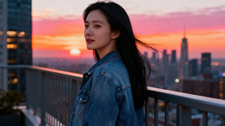 Adult East Asian woman illuminated by bright sunset colors, standing on a rooftop balcony with a gray railing overlooking the blurred metropolitan skyline under a fiery pink and orange sky.の素材