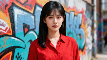 Headshot of a beautiful young East Asian woman with straight black hair and bangs, illuminated by sunlight while wearing a loose red collared shirt against a rough urban wall covered in bright street...の素材