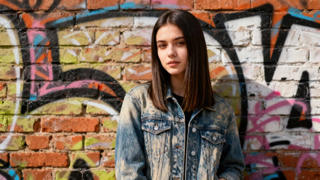 Confident waist-up portrait of a serious young brunette in a stylish blue wash denim jacket illuminated by bright sunlight against a colorful, textured brick wall covered in spray paint art.の素材
