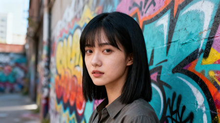 Portrait of an East Asian woman with straight black bob hair and bangs, standing against an intensely colorful teal, red, and yellow spray paint mural in a city street setting.の素材