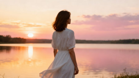 Young brunette female photographed from behind, standing on the grass near water reflecting the intense magenta and gold colors of the dramatic summer sunset sky.の素材