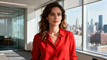 Portrait of attractive caucasian woman with wavy brown hair wearing vibrant red collared blouse, standing in sunlit corporate hallway overlooking densely populated urban highrise skyline.の素材