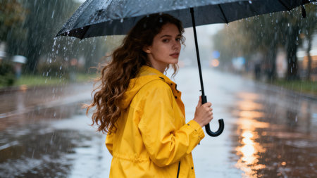 Attractive young adult female portrait in a vivid yellow rain slicker, shielding her curly brown hair with a black umbrella while standing on a glossy wet urban road during a strong downpour.の素材