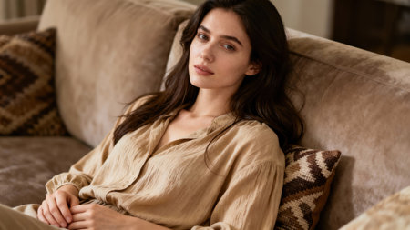 Brunette female wearing light tan textured clothing leaning against the velvety taupe couch backrest, featuring geometrically patterned throw pillows in soft indoor light.の素材
