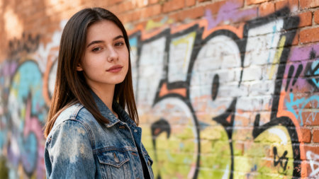 Caucasian female subject with dark brown hair in washed blue denim jacket standing outside near textured red brick wall covered in bright multicolored aerosol street graffiti.の素材