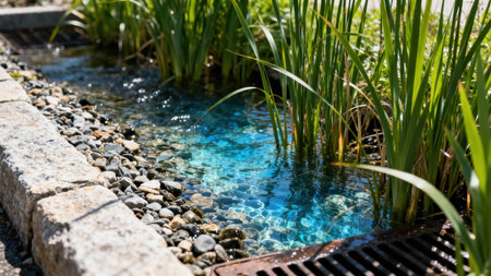 Bright sunlight illuminating a narrow water channel with brilliant blue color near tall green reed plants and rough stone curbing leading toward a dark iron drainage cover.の素材
