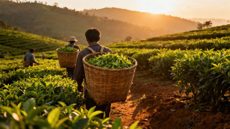 Backlit shot of three laborers walking away on a muddy path, transporting freshly picked Camellia sinensis leaves in large back baskets across terraced hills bathed in dramatic golden light.の素材