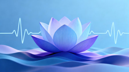 3D rendering of a vibrant purple and indigo lotus blossom centered over undulating, flowing blue abstract waves, juxtaposed with a serene glowing light blue cardiogram line.の素材