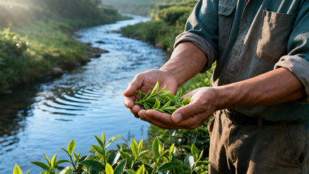 Close up shot of brown hands holding delicate green tea sprouts, contrasting with the vibrant blue flowing water of the stream and the tea bushes illuminated by warm sunlight.の素材