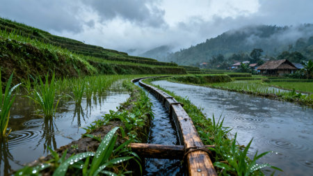 Moody atmospheric view of terraced rice paddies showing rainwater ripples and dew drops on lush green foliage, framed by a foreground wooden bamboo water conduit leading toward misty forested...の素材
