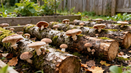 Detailed view of multiple brown and white edible shiitake fungi emerging from rough, moss covered timber logs resting on dark soil in a raised garden bed.の素材