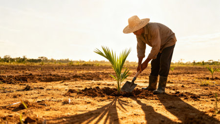 Backlit agricultural laborer wearing a straw hat planting a young palm tree sapling into dry, reddish-brown cultivated ground, emphasizing long dramatic shadows under golden hour light.の素材
