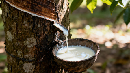 Closeup view of milky white liquid natural latex oozing from a groove cut into the rough brown bark of a tropical rubber tree during harvesting in a sunny plantation setting.の素材
