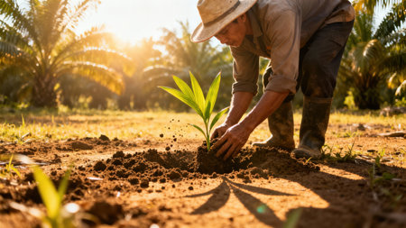 Dedicated elderly worker in rubber boots and straw hat carefully places a tropical palm sprout into cultivated soil, illuminated by strong golden hour sunlight and intense lens flare.の素材