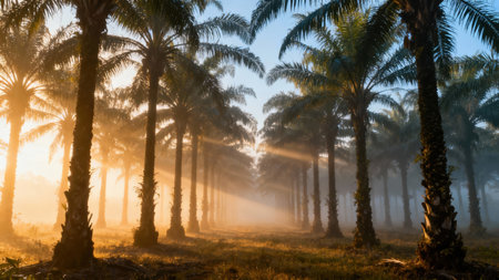 Golden hour light filtering through dense atmospheric mist, highlighting long parallel rows of tall palm tree trunks and green foliage in a receding perspective.の素材