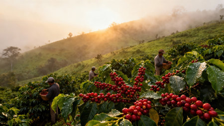 Extreme foreground focus on glossy green leaves covered in dewdrops and deep red coffee fruits, while farm workers gather the crop on a foggy slope at dawn.の素材