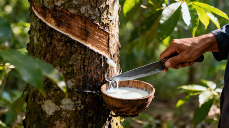 Diagonal cut in the rough brown bark of a latex tree trunk, showing thick white sap dripping into a textured brown coconut shell collector held by a tanned human hand in a brightly lit forest.の素材