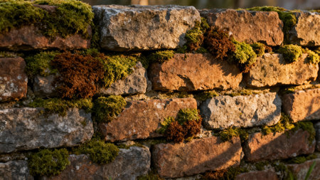 Ancient stacked limestone and sandstone blocks covered in vibrant emerald and rust-toned bryophytes, deeply textured and highlighted by intense low-angle sunlight creating rich contrast.の素材