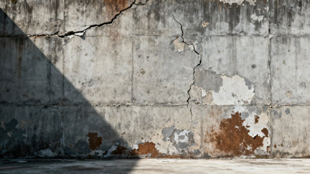 Vertical view of rugged cement wall texture displaying large fissures and substantial deterioration, including flaking white residue and oxidized brown areas, creating a dramatic backdrop.の素材