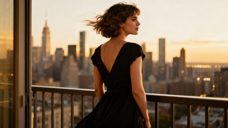 Young woman in elegant black backless V-neck dress stands dramatically silhouetted against a softly focused bright orange sunset over massive downtown buildings.の素材