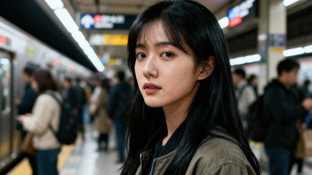 Portrait of a woman wearing an olive jacket, focused against a brightly lit, blurred railway platform showing many anonymous commuters and the metallic side of an open train door.の素材