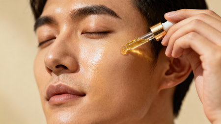 Closeup image showing a hand holding a gold-capped glass pipette dispensing concentrated amber serum onto the hydrated cheek of a relaxed East Asian male model under warm  lighting.の素材