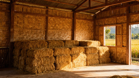 Interior view of a wooden agricultural shed featuring densely stacked golden hay bales and fine-textured woven bamboo walls, overlooking a yellow rice paddy field.の素材