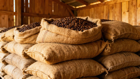 Closeup view of brown jute bags piled up high, showing the rough texture of the fabric and the rich color of the abundant whole coffee beans under bright directional light.の素材