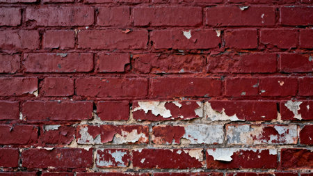 Detailed view of a deeply weathered maroon brick pattern with cracked joints, showing dramatic contrasting white and light gray paint chips peeling away from the masonry surface.の素材