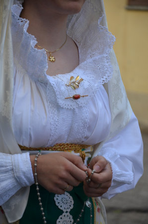 Villacidro, Sardinia 02.06.2019: Cherry's festival with traditional costumes of Sardiniaの写真素材