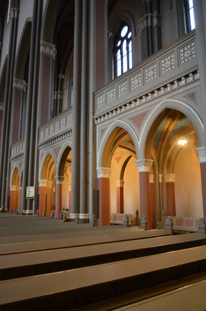 inside the famous Markt Kirche in Wiesbaden, a brick building in neo-Gothic styleの写真素材