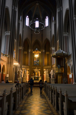 inside the famous Markt Kirche in Wiesbaden, a brick building in neo-Gothic styleの写真素材