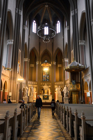 inside the famous Markt Kirche in Wiesbaden, a brick building in neo-Gothic styleの写真素材