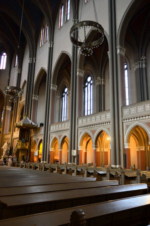 inside the famous Markt Kirche in Wiesbaden, a brick building in neo-Gothic styleの写真素材