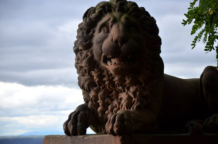 One of the two lions on the terrace on the Neroberg in front of a foggy backgroundの写真素材