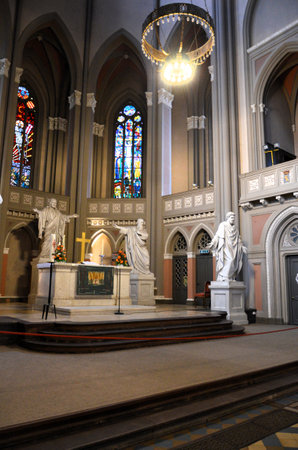 inside the Markt Kirche in Wiesbaden, a brick building in neo-Gothic styleの写真素材