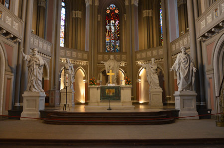 inside the famous Markt Kirche in Wiesbaden, a brick building in neo-Gothic styleの写真素材