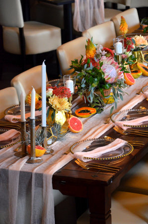 table setting decoration at a gala dinner formal event banquetの写真素材