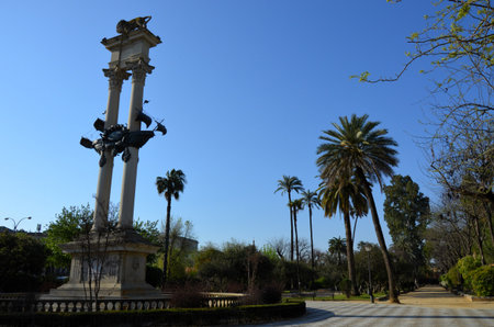 The Monument to Christopher Columbus in the Jardines de Murillo (Murillo gardens) in the city of Sevilleの写真素材