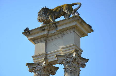 The Monument to Christopher Columbus in the Jardines de Murillo (Murillo gardens) in the city of Sevilleの写真素材