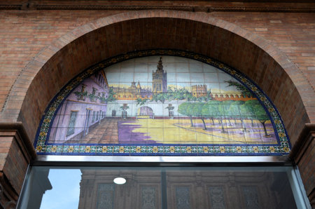 Seville Cathedral on Tile Design on Facade, Andalusia, Spainの写真素材