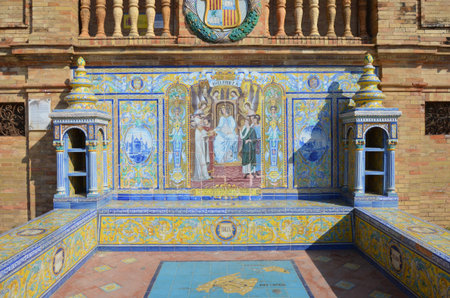 "Baleares" Region tile art in the famous "Plaza de Espana", Seville, Spainの写真素材