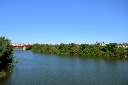 Floodwaters of the Guadalquivir River in Cordoba, Spainの写真素材