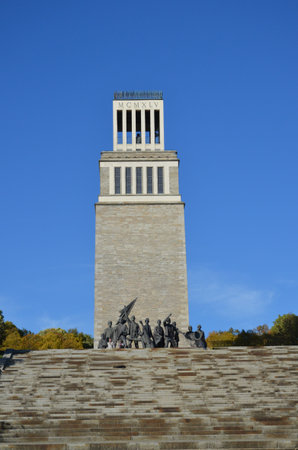 Buchenwald, Germany 10.12.2019: commemorative figural group depicting concentration camp inmates by Fritz Cremer, with bell tower in background, Buchenwald Memorialのeditorial素材