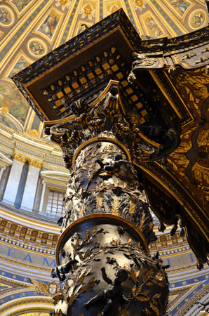 Rome, Italy 04.09.2020: Architectural details of the Dome (Cupola) and the Bernini's Baldacchino...