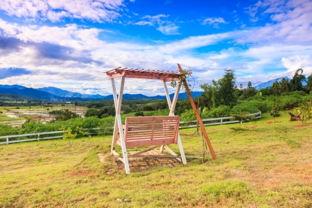 blue sky with  wooden swing in the garden の写真素材