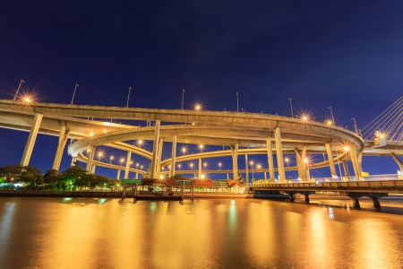 night light bridge with river at bangkok thailandの写真素材