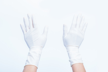 Hand women asian five finger symbol with glove of doctor isolated on white backgroundの写真素材