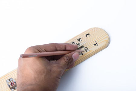 on hand wood Thermometer and pencil on white backgrond