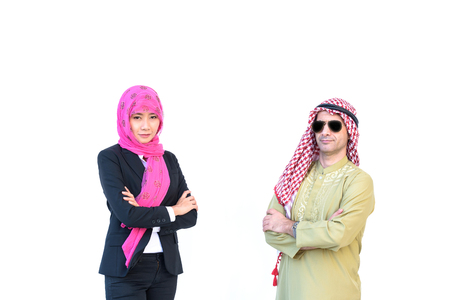beautiful modern muslim business woman and young man portrait on white backgroundの写真素材
